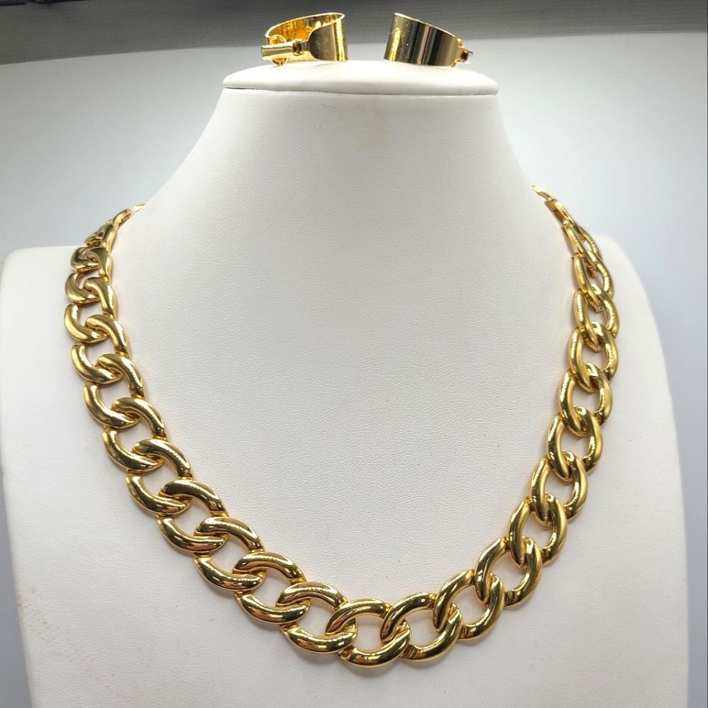 Napier Gold Toned Link Necklace And Clip On Hoop Earrings
